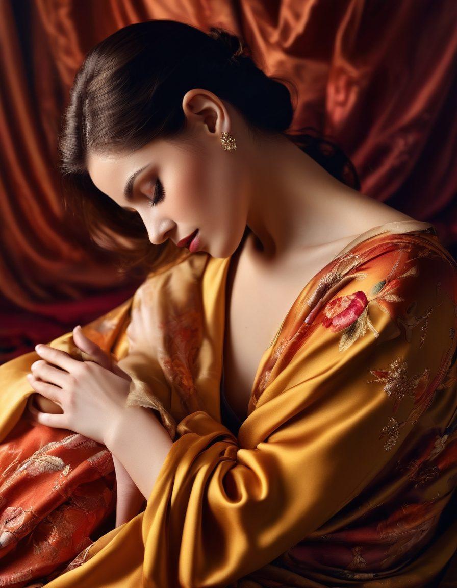 A seductive scene featuring an elegantly draped silk fabric in rich jewel tones, soft candlelight casting warm glows, and a pair of entwined golden hands symbolizing connection. Subtle floral accents in the background evoke a sense of romance and intimacy. The overall mood is inviting and glamorous, exuding the essence of sensuality and passion. super-realistic. vibrant colors. romantic atmosphere.