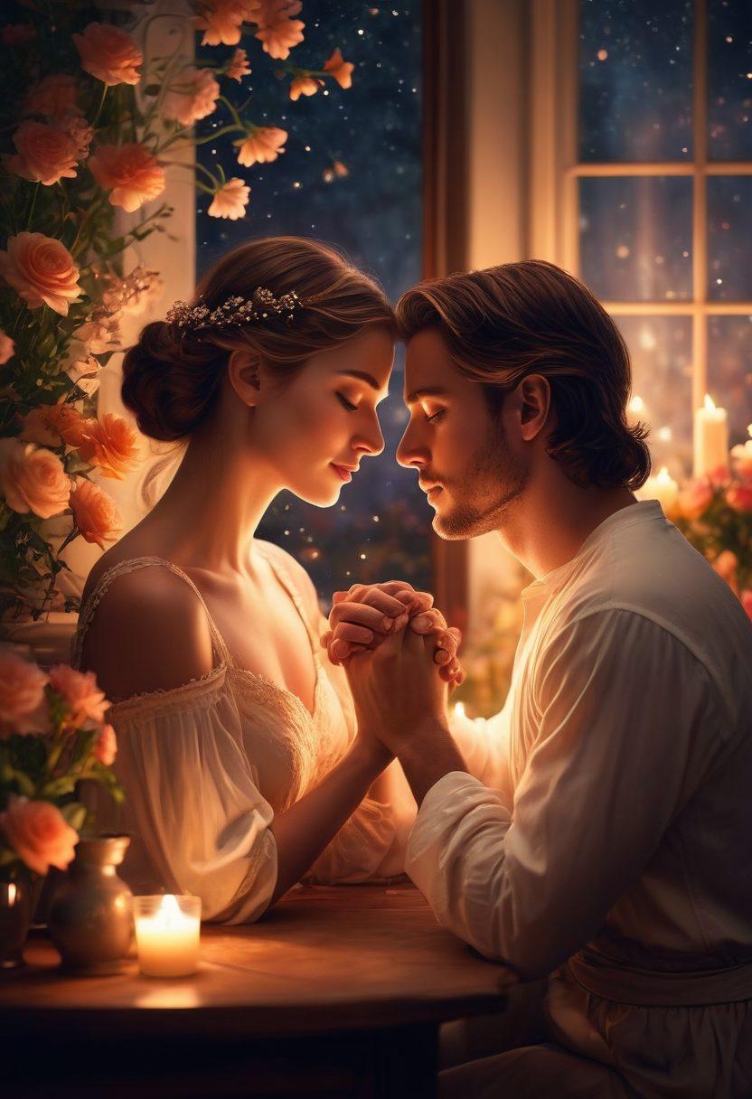 A beautifully lit romantic scene depicting a couple sharing a tender moment, surrounded by soft candlelight and delicate flowers, symbolizing intimacy and passion. Include elements like intertwined hands and warm colors to evoke feelings of connection and desire. The background can hint at a starry night sky, suggesting depth and mystery in relationships. elegant and dreamy. vibrant colors. super-realistic.