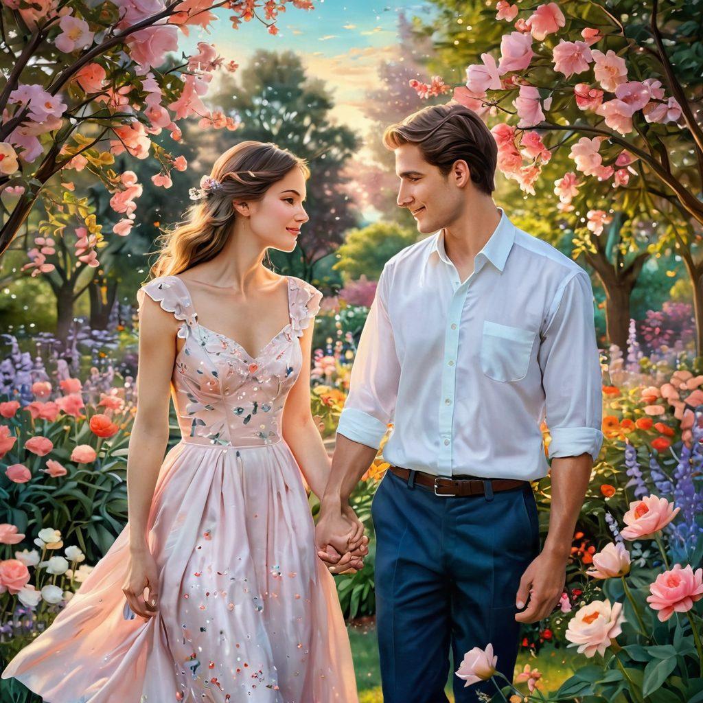 A beautiful couple holding hands in a blooming garden, gazing into each other's eyes with deep affection. The background features vibrant flowers and soft, dreamy lighting that symbolizes romance and connection. Include subtle representations of hearts in the petals and sparkling stars in the sky, emphasizing the theme of desire and lasting bonds. soft pastel colors. impressionist style.